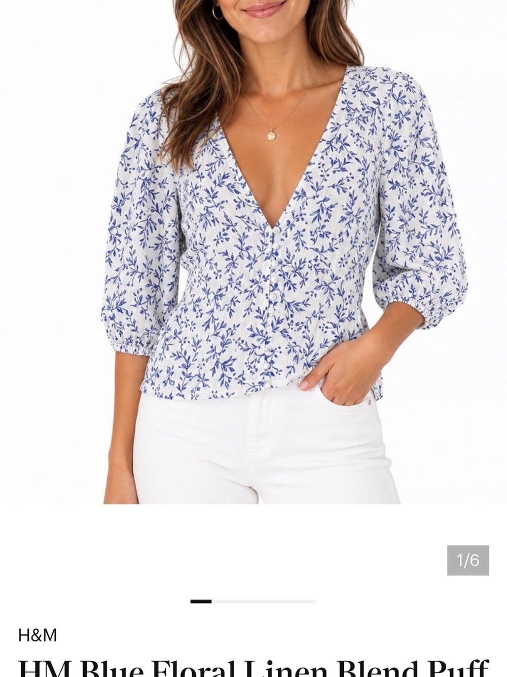 HM Blue Floral Linen Blend Puff
Sleeve V-Neck Button Front
Blouse
